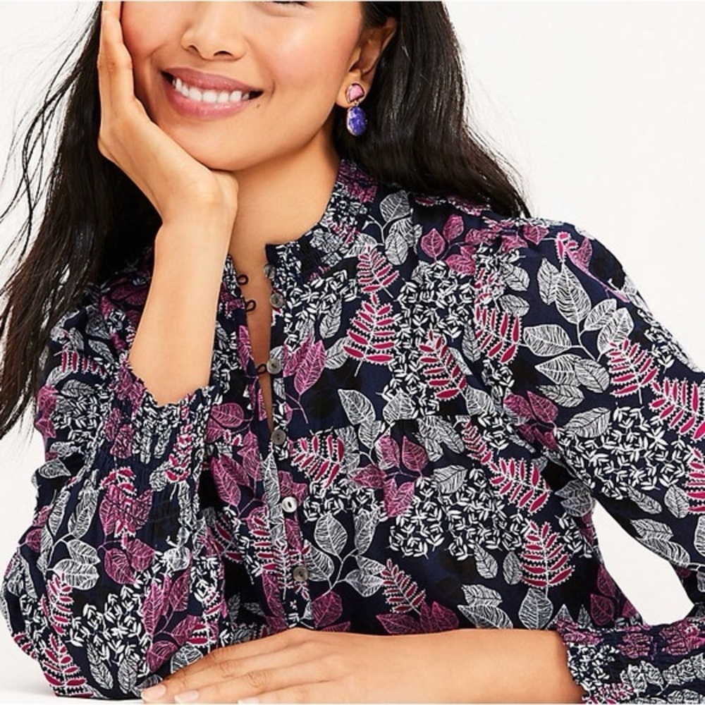 LOFT Fuchsia Navy Smocked Leaf Blouse - Large